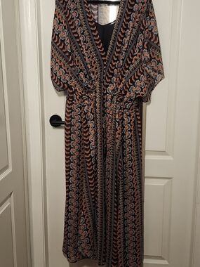 Boho Printed V-Neck Maxi Dress in Black and Rust